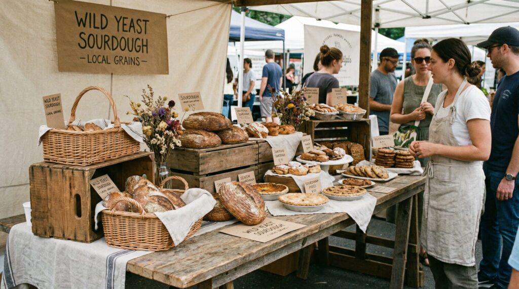 Baked goods on a table at a farmers market