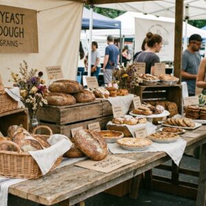 Baked goods on a table at a farmers market