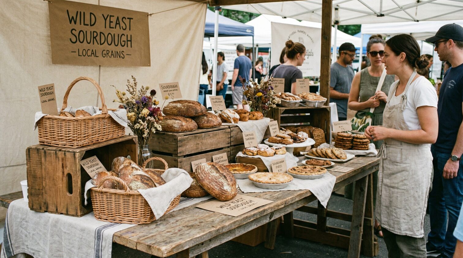 Baked goods on a table at a farmers market
